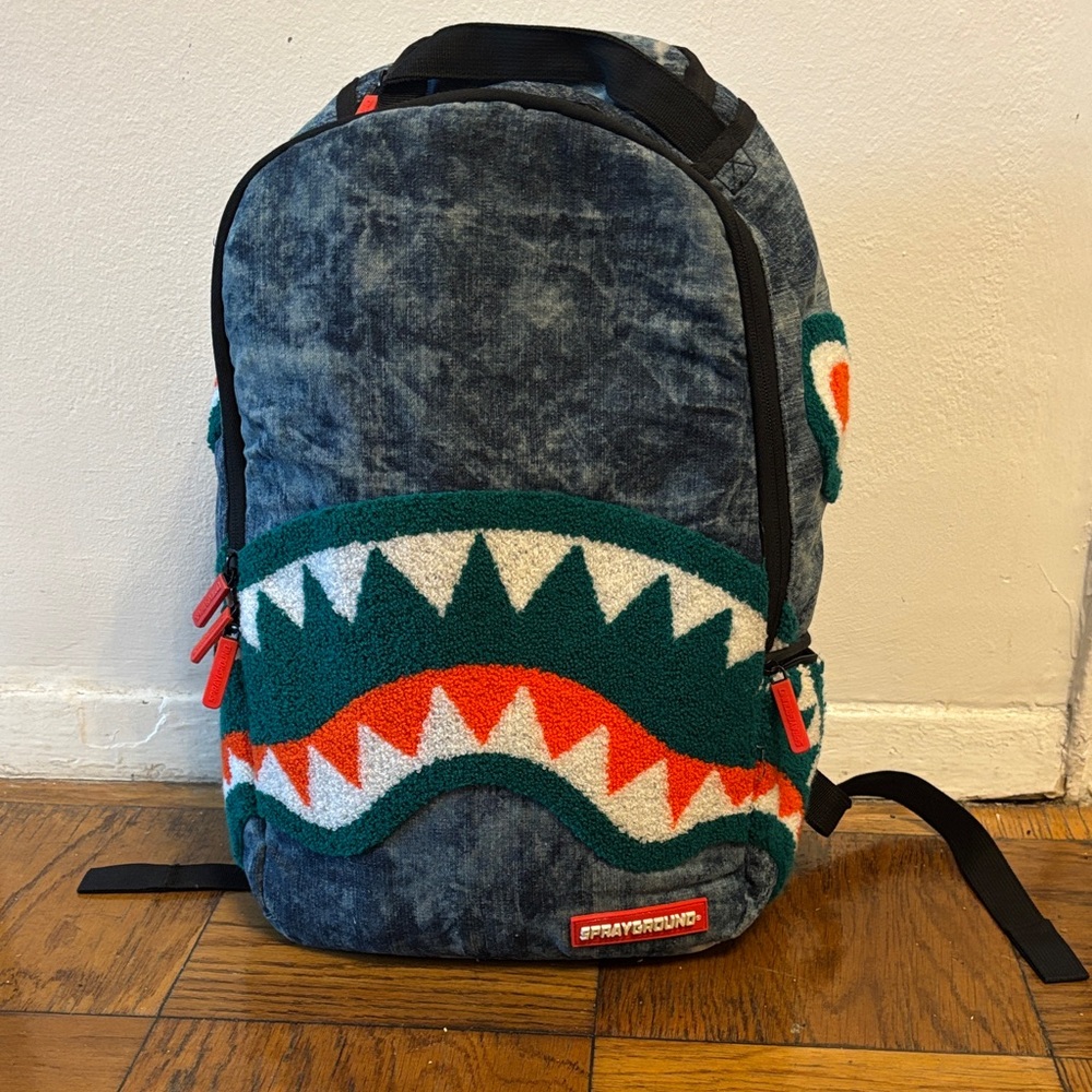 Sprayground Denim and Teal Shark Backpack
